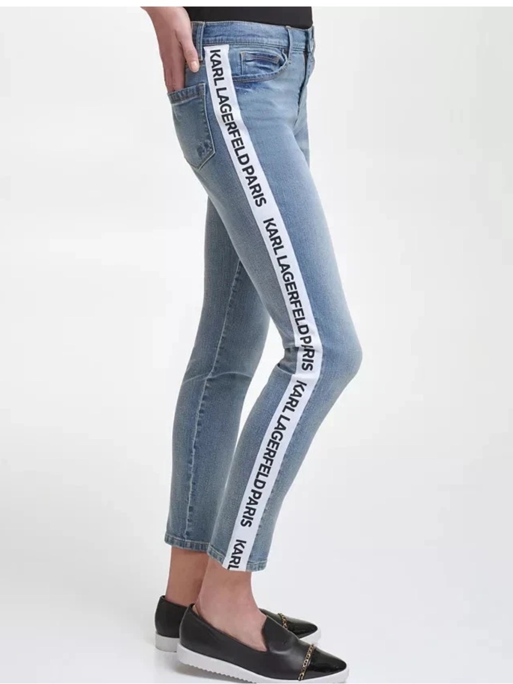 Karl Lagerfeld womens size 4 light wash skinny denim contrast logo taping jeans